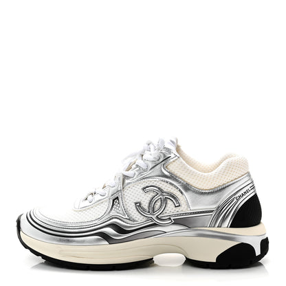 Chanel Fabric Laminated Calfskin Stretch CC Womens Sneakers 38 White Silver 1 of 9