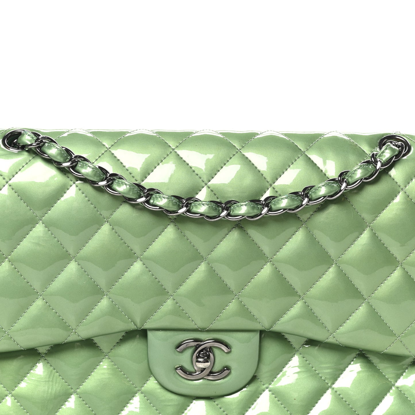 Patent Calfskin Quilted Jumbo Double Flap Green