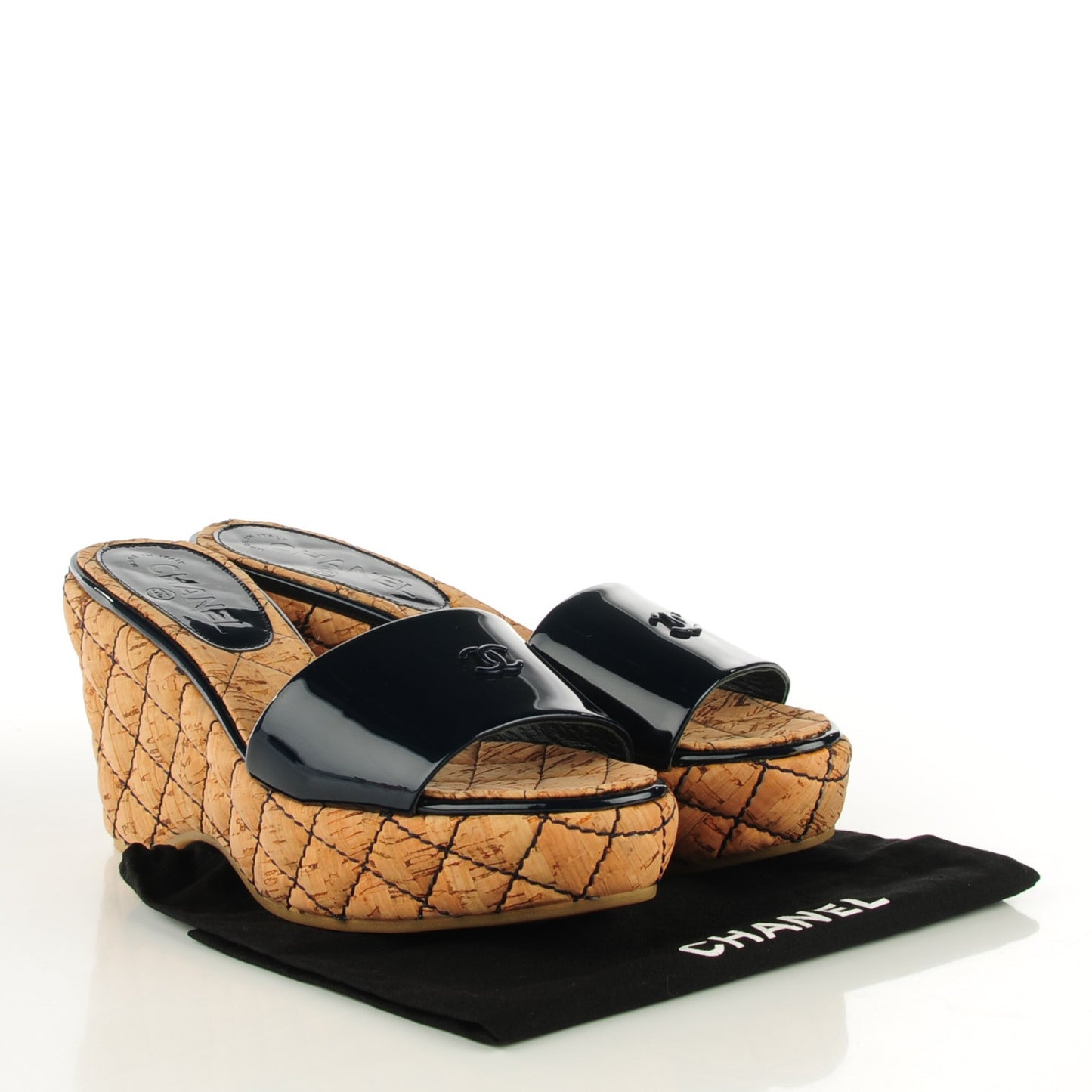 Patent Cork Quilted CC Wedge Sandals 38 Navy Blue