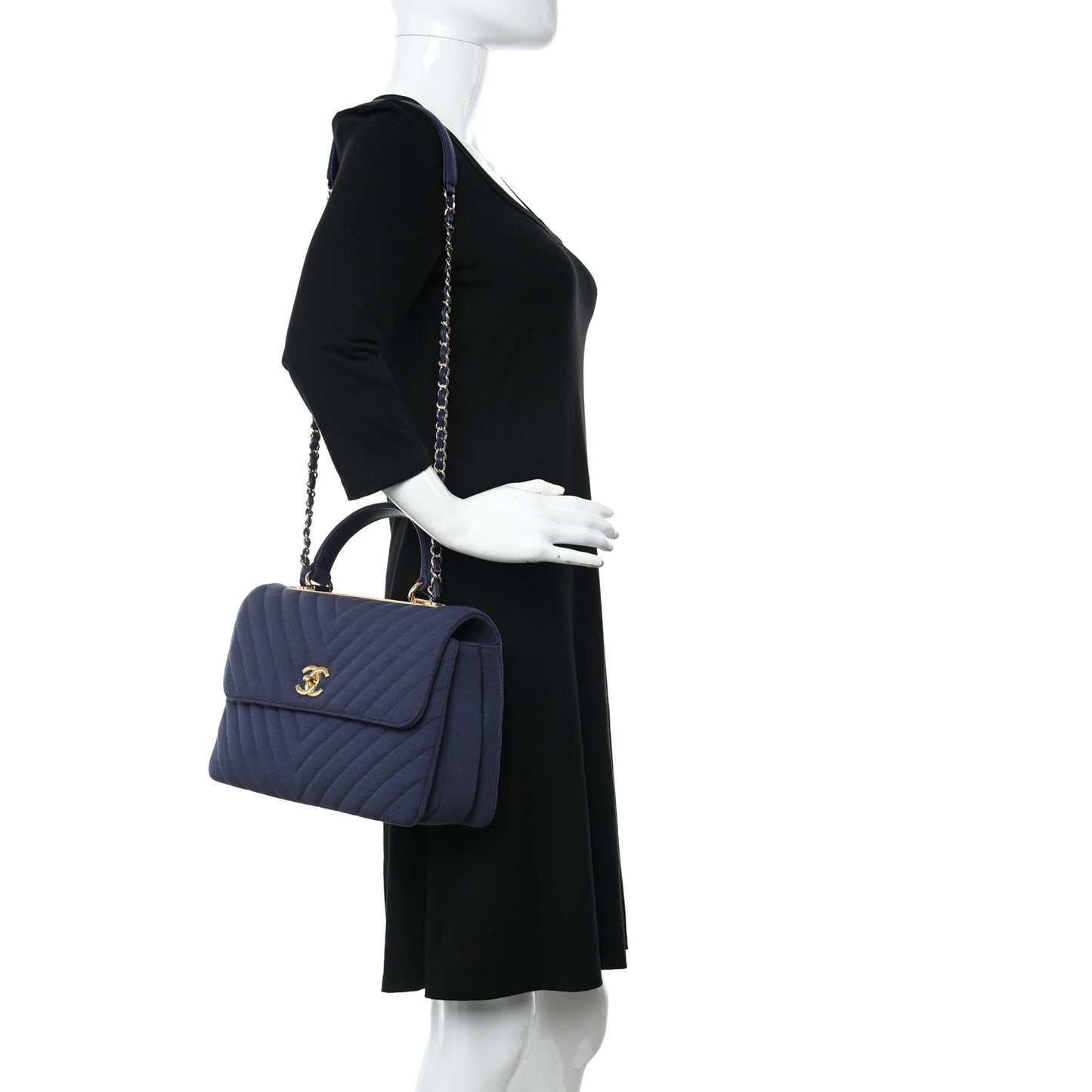 Jersey Chevron Quilted Medium Trendy CC Dual Handle Flap Bag Navy