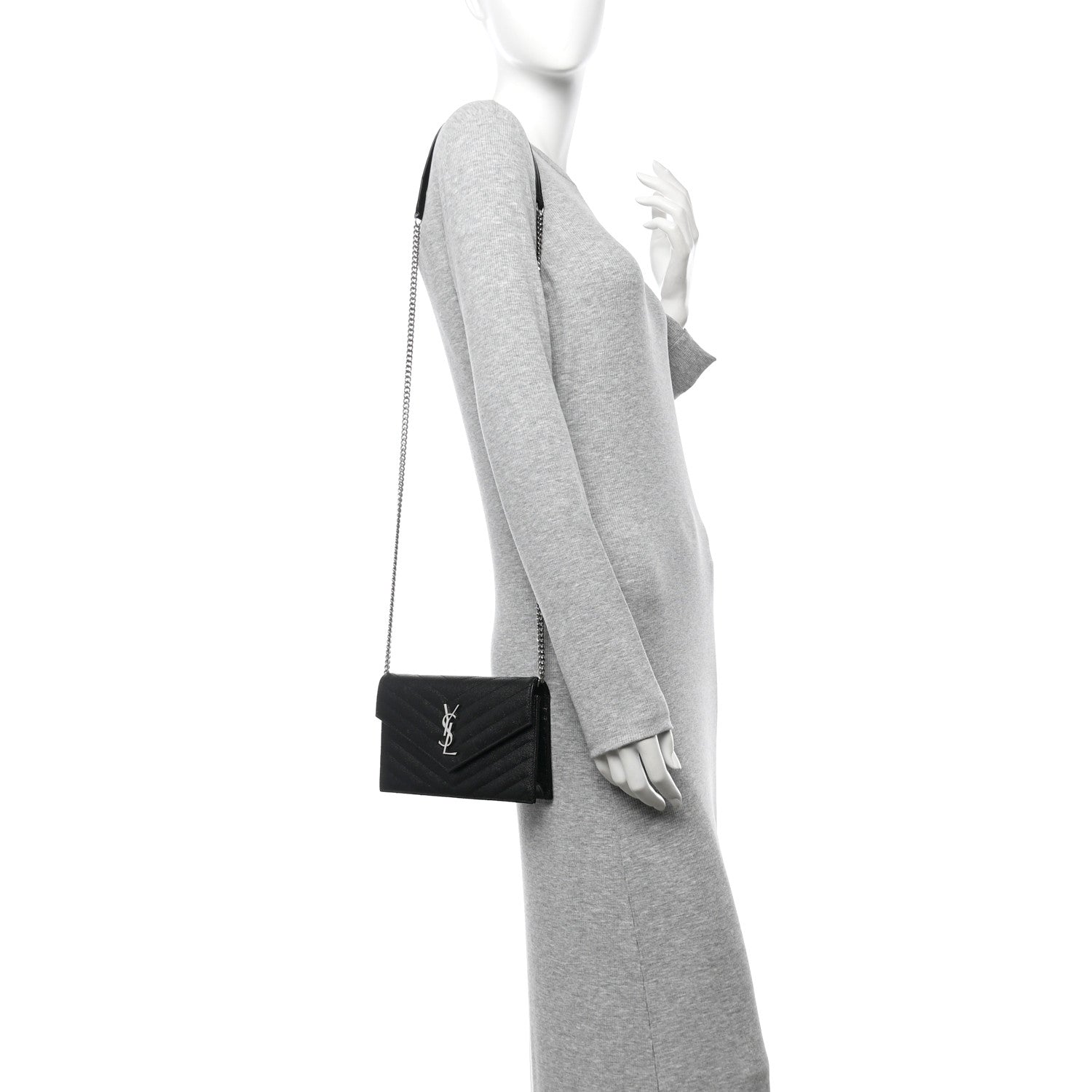 Saint Laurent Grain De Poudre Matelasse Chevron Monogram Envelope Chain Wallet Black 2 of 10
