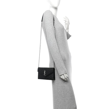 Saint Laurent Grain De Poudre Matelasse Chevron Monogram Envelope Chain Wallet Black 2 of 10