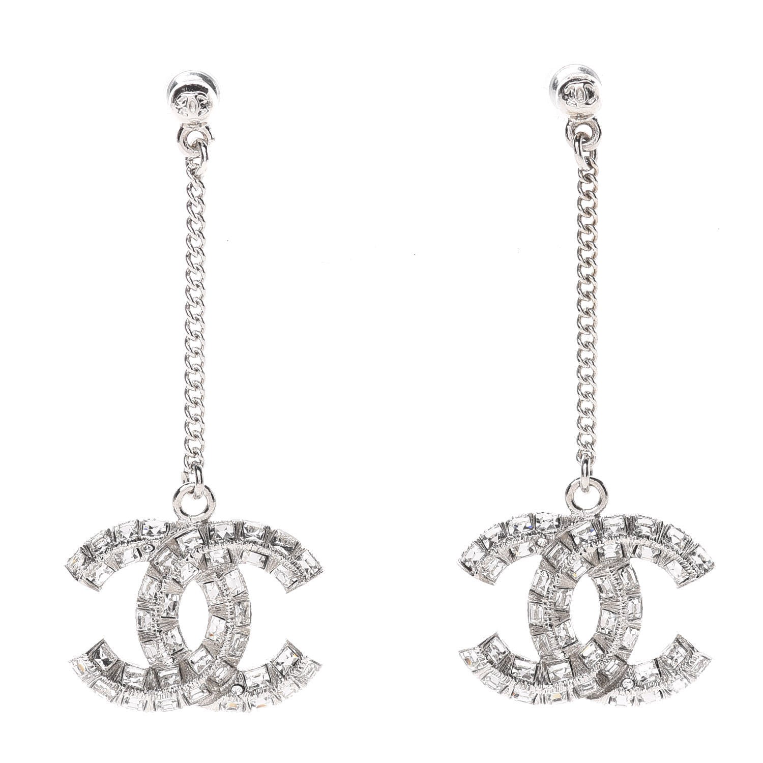 Chanel Baguette Crystal CC Drop Earrings Silver 1 of 5
