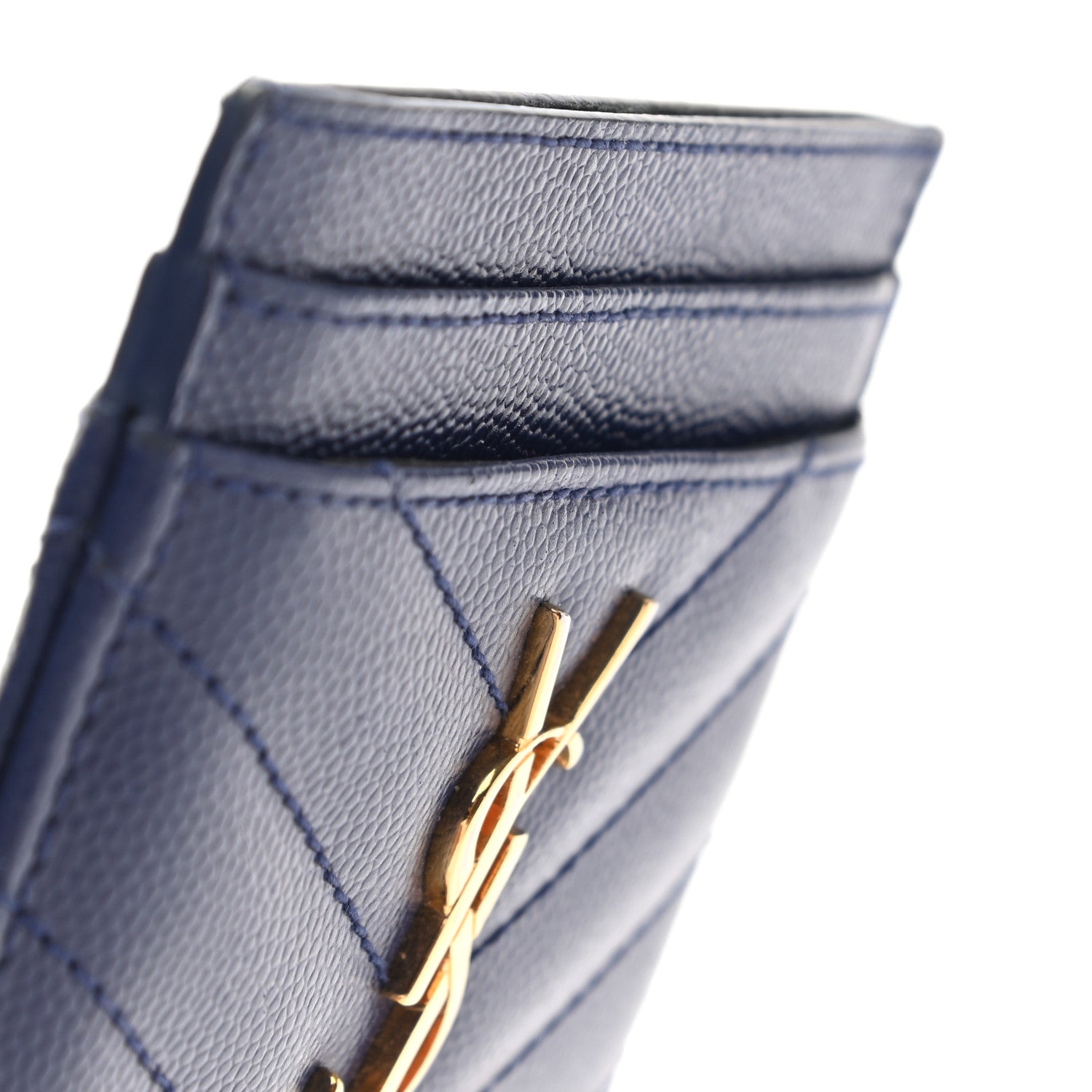 Saint Laurent Grain De Poudre Matelasse Chevron Monogram Credit Card Case Navy 6 of 10