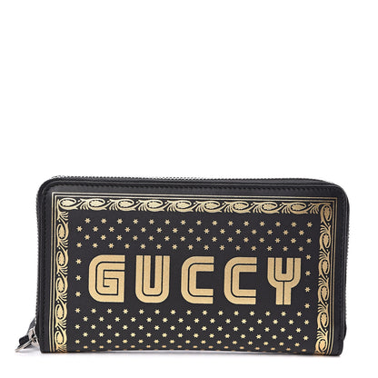Gucci X SEGA Calfskin GUCCY Stars Zip Around Wallet Black Gold 1 of 7