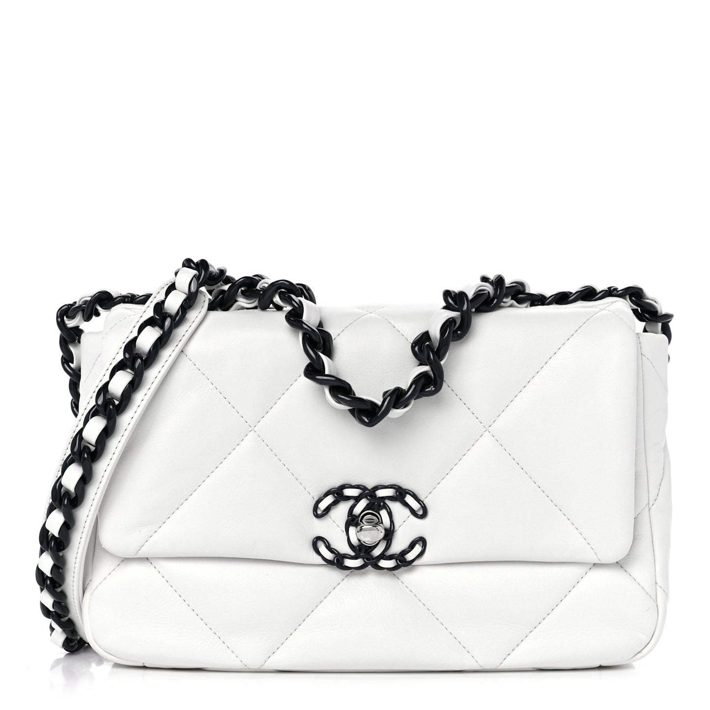 Glossy Calfskin Quilted Medium Chanel 19 Flap White Black