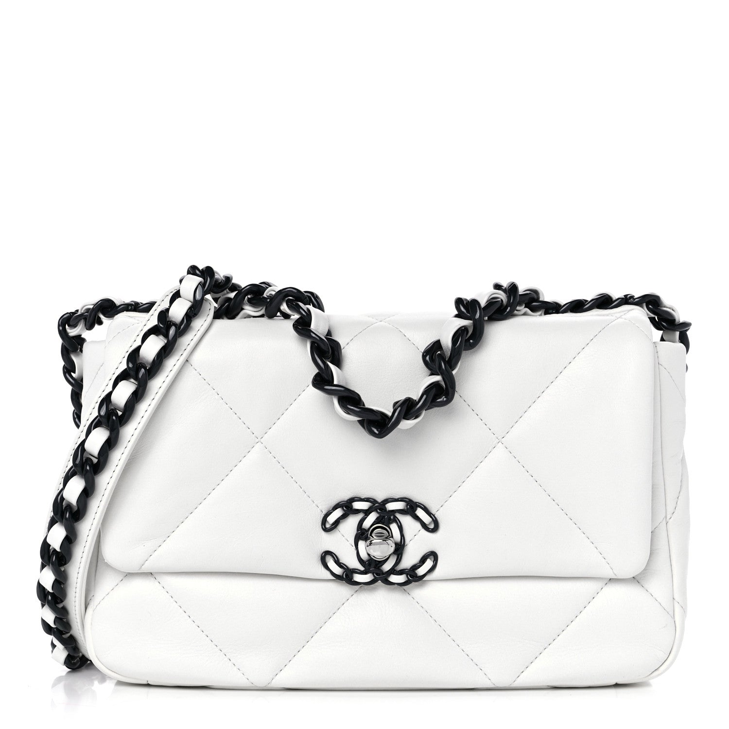 Chanel Glossy Calfskin Quilted Medium Chanel 19 Flap White Black 1 of 9