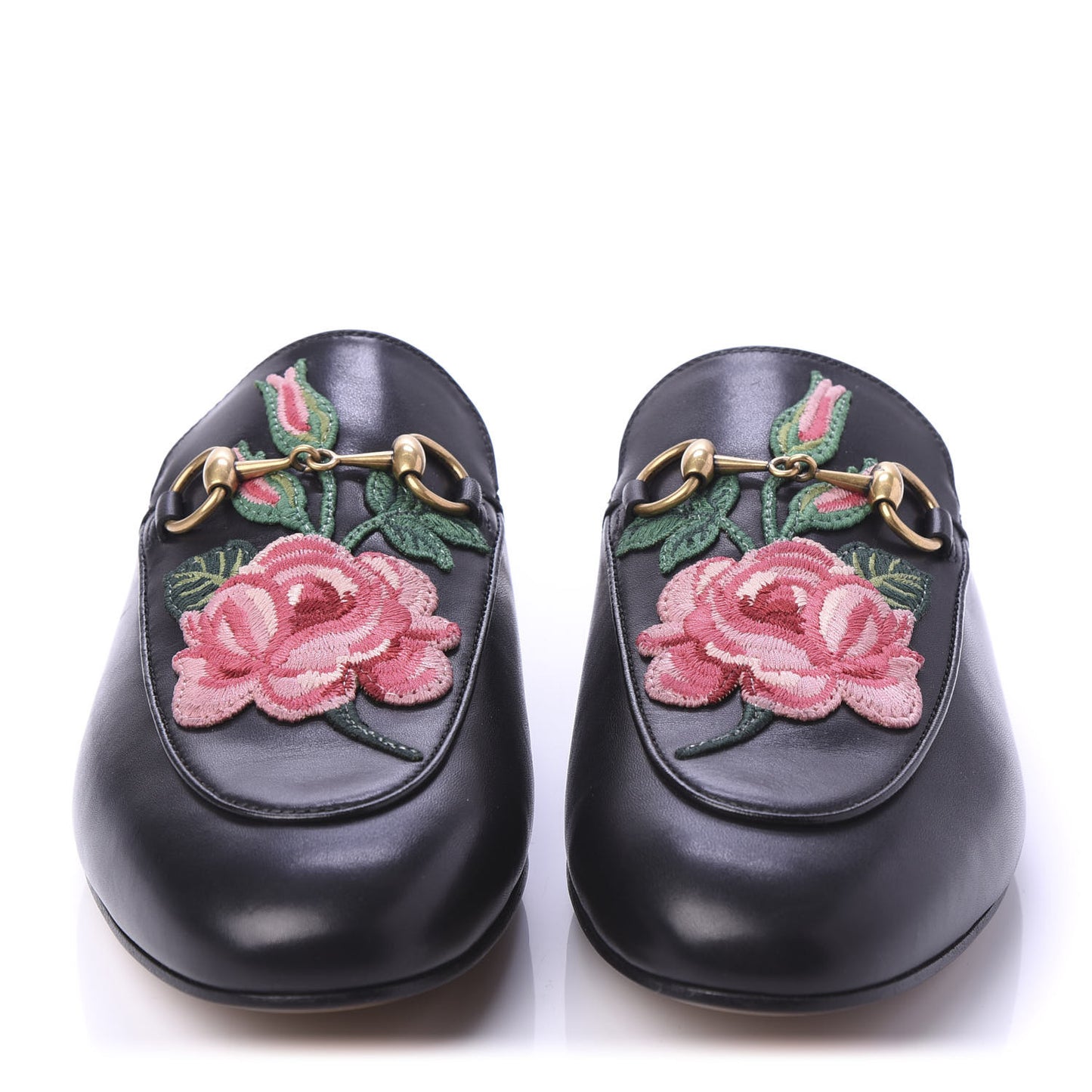 Calfskin Flower Embroidered Womens Princetown Slippers 37.5 Black