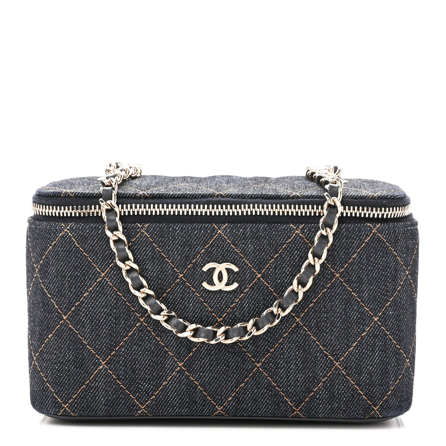 Denim Quilted Small Vanity Case With Chain Dark Blue Orange