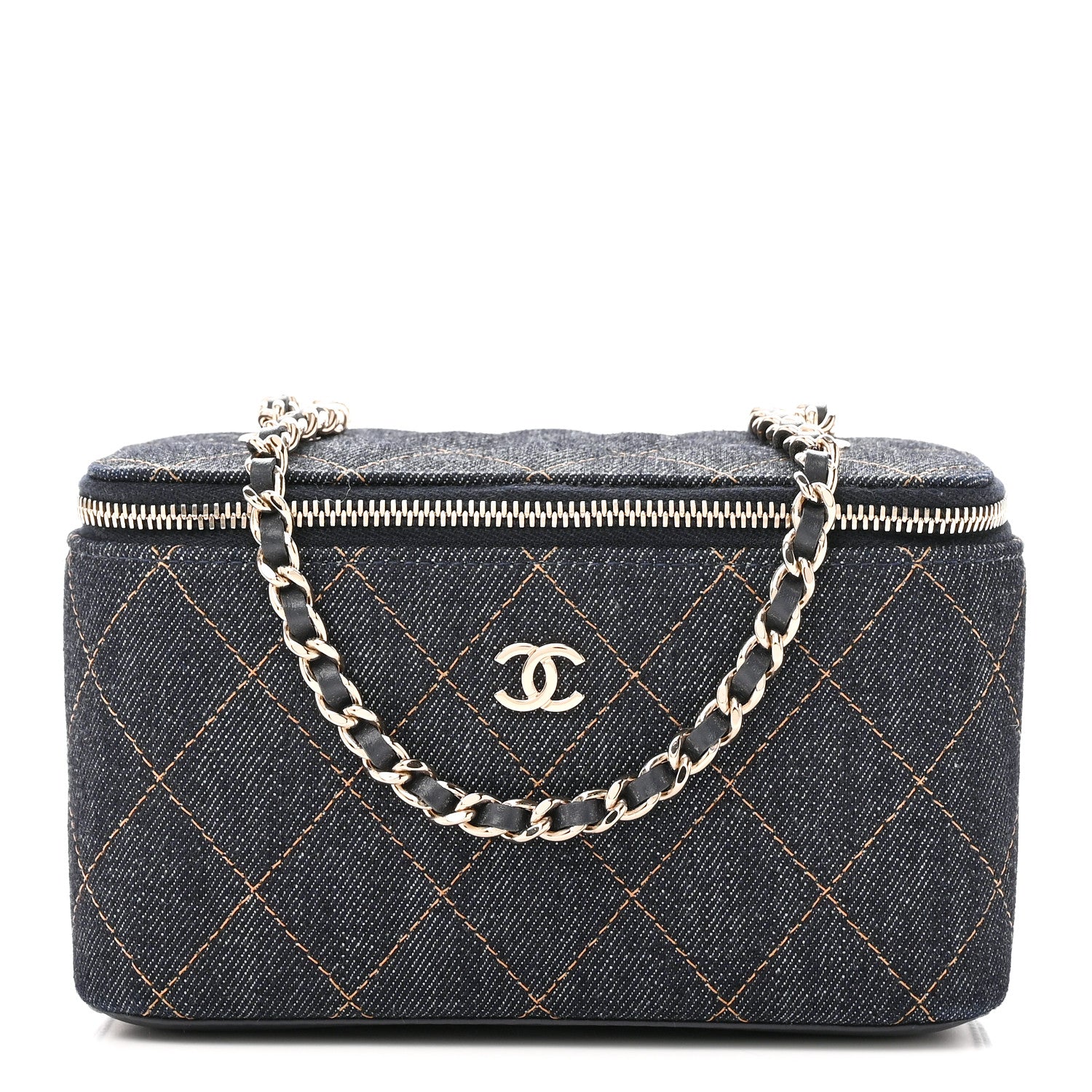Chanel Denim Quilted Small Vanity Case With Chain Dark Blue Orange 1 of 11