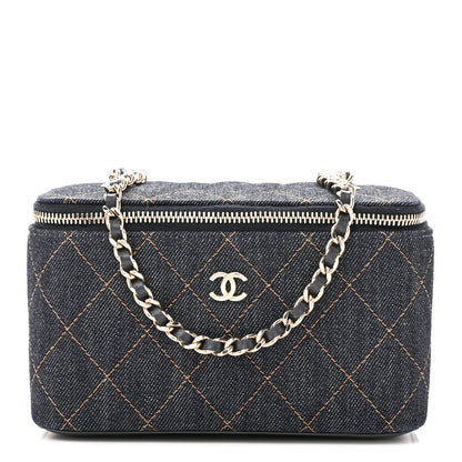 Chanel Denim Quilted Small Vanity Case With Chain Dark Blue Orange 1 of 11