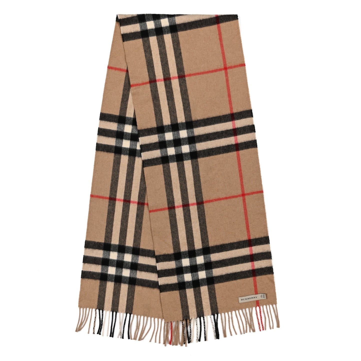 Cashmere Giant Check Fringe Scarf Camel