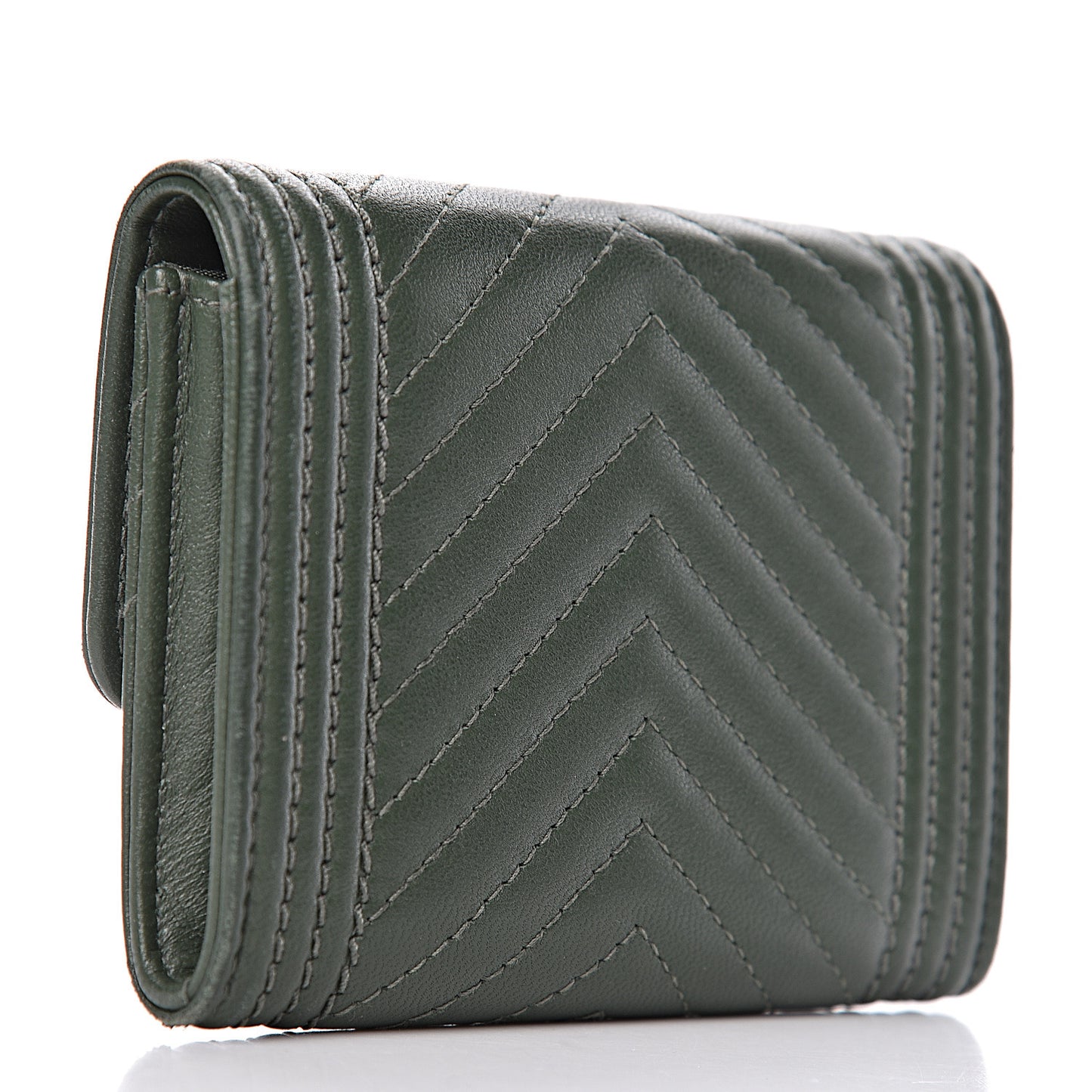 Lambskin Chevron Quilted Boy Card Holder Wallet Dark Green