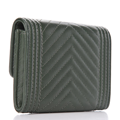 Chanel Lambskin Chevron Quilted Boy Card Holder Wallet Dark Green 3 of 9