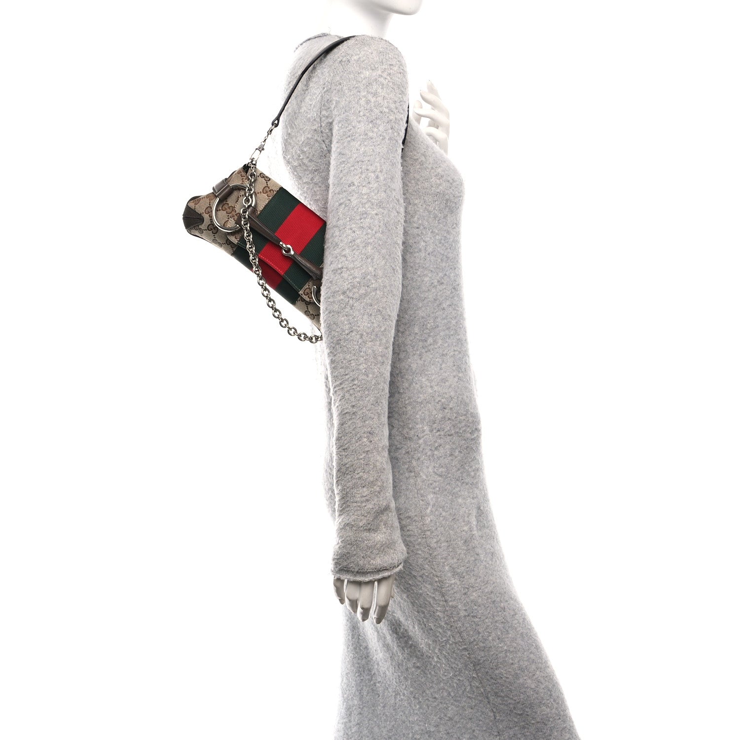 Gucci Monogram Textured Dollar Calfskin Heavy Grosgrain Web Small Maxi Horsebit Chain Shoulder Bag Beige Ebony New Acero 2 of 10