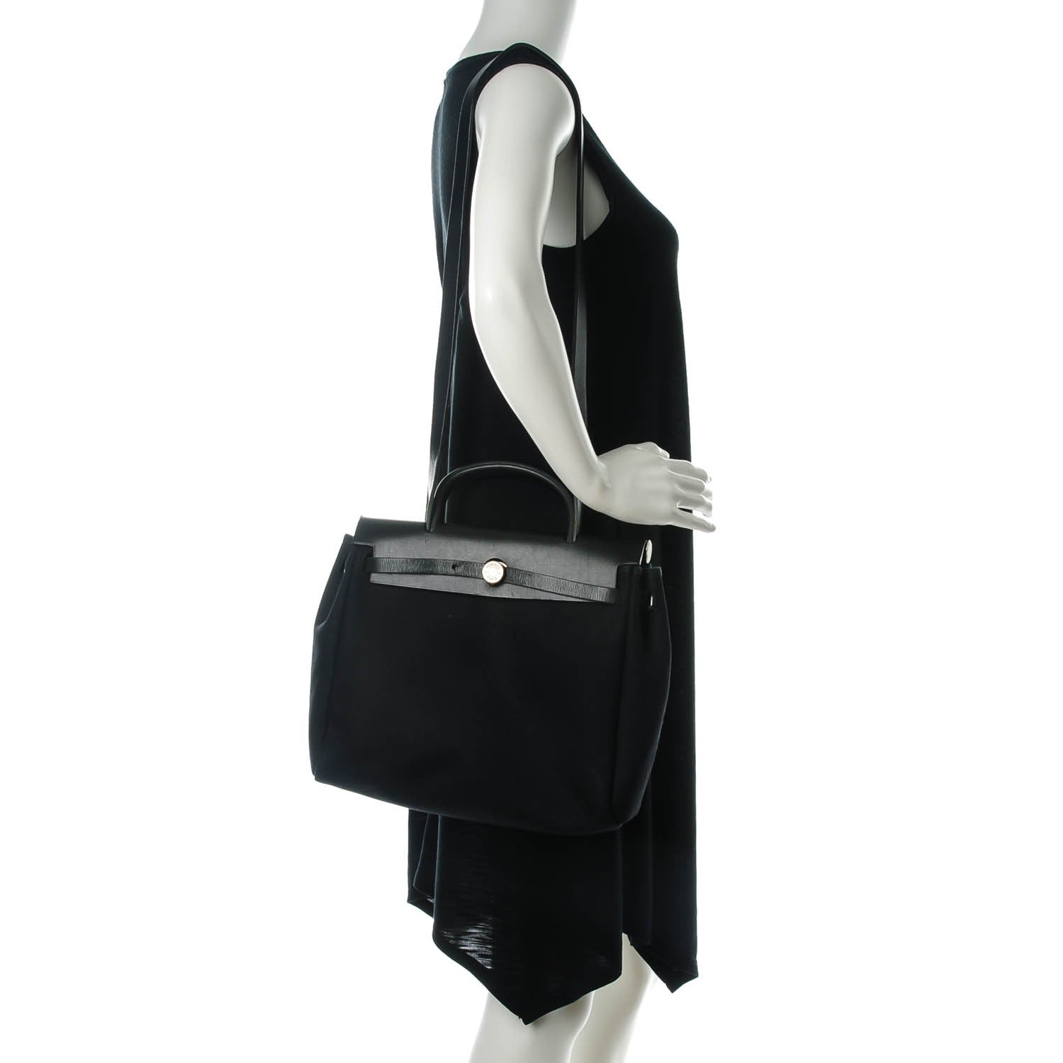 Hermes Vache Calfskin Toile Herbag 30 PM Black Natural 2 of 13