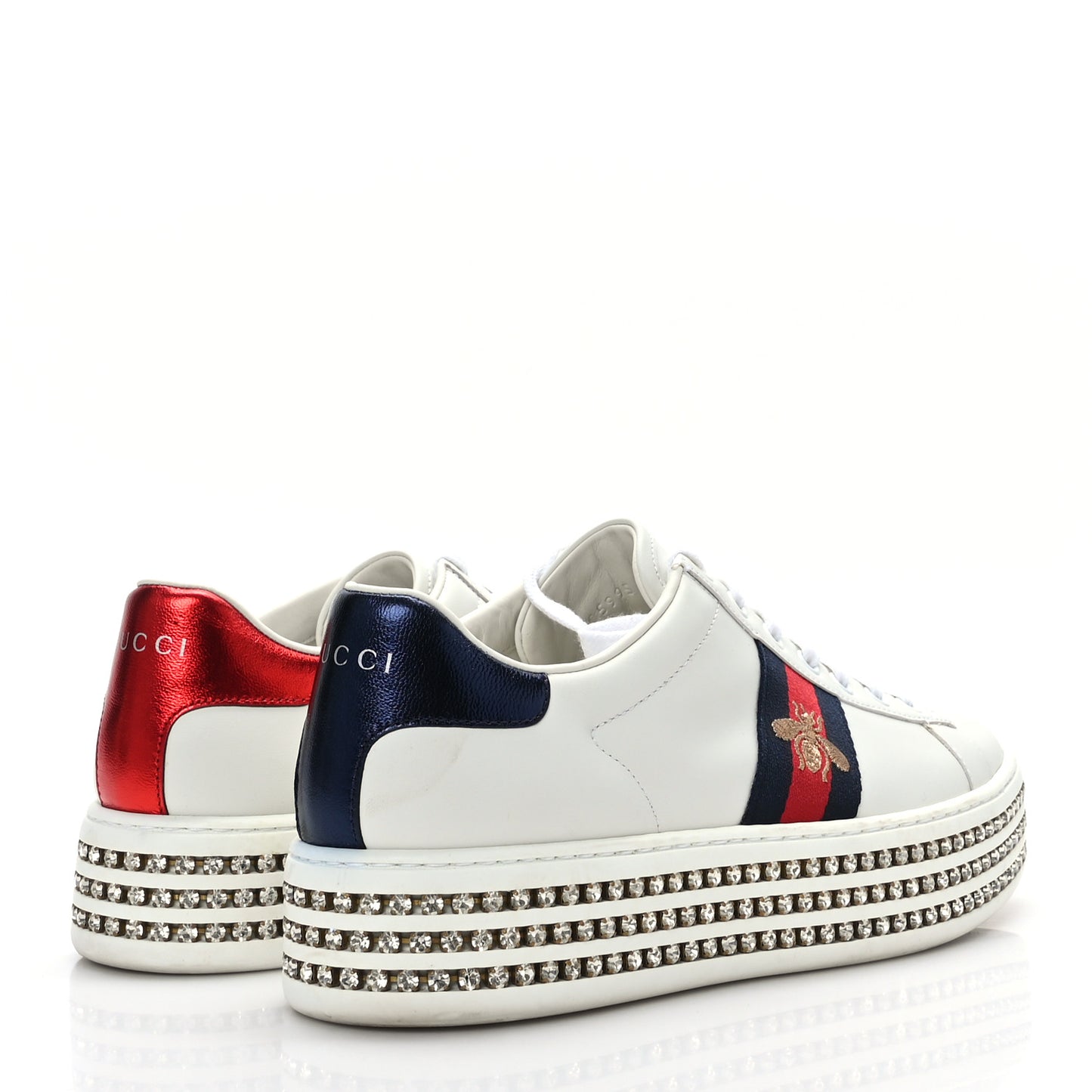 Calfskin Crystal Web Bee Embroidered Womens Ace Platform Sneakers 40 White