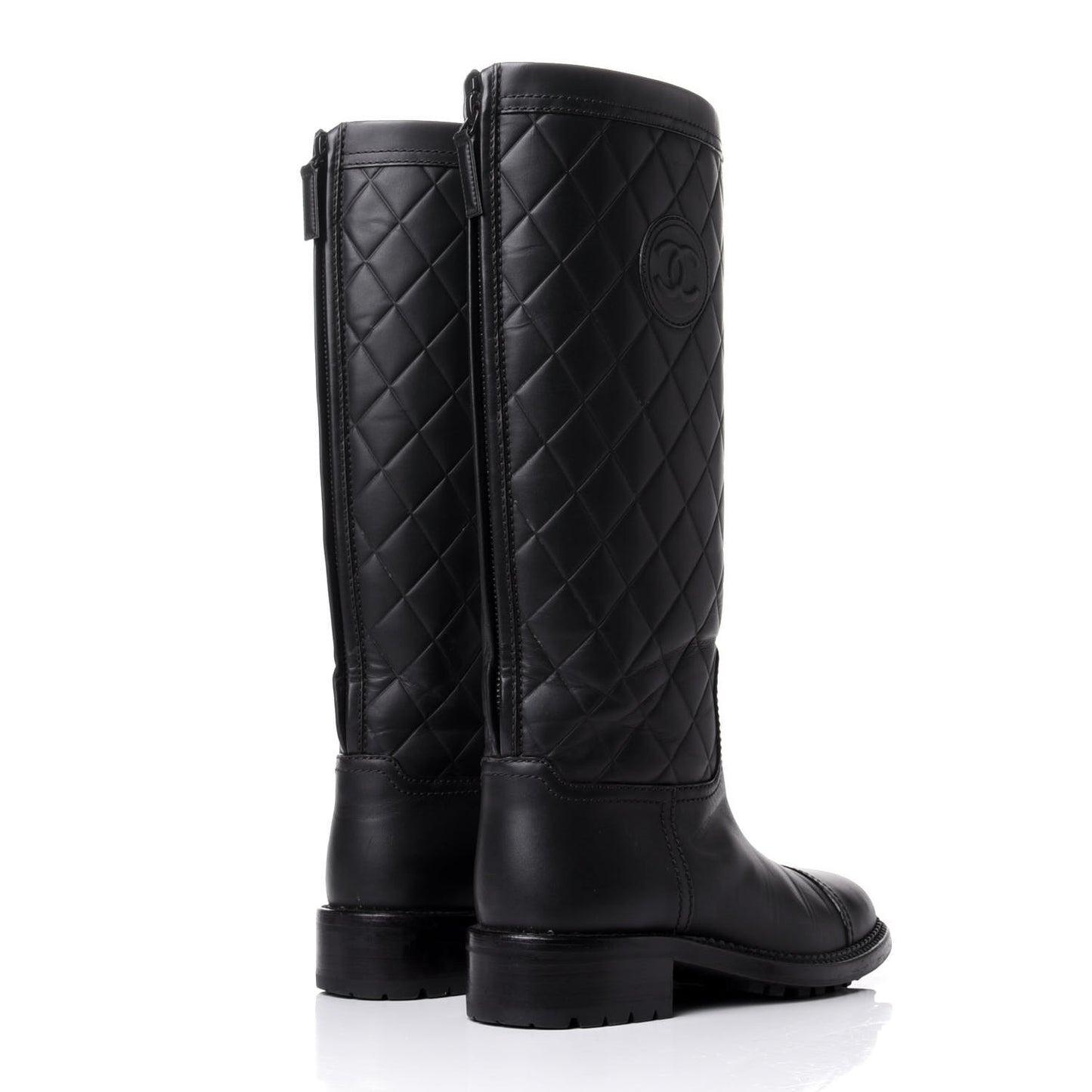 Oily Calfskin Quilted High Boots 36 Black