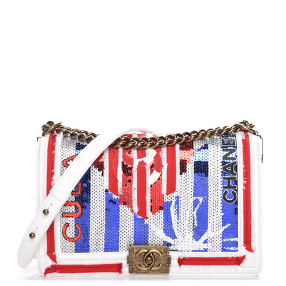 Chanel Sequin Canvas New Medium Cuba Boy Flap White Blue Red 1 of 8