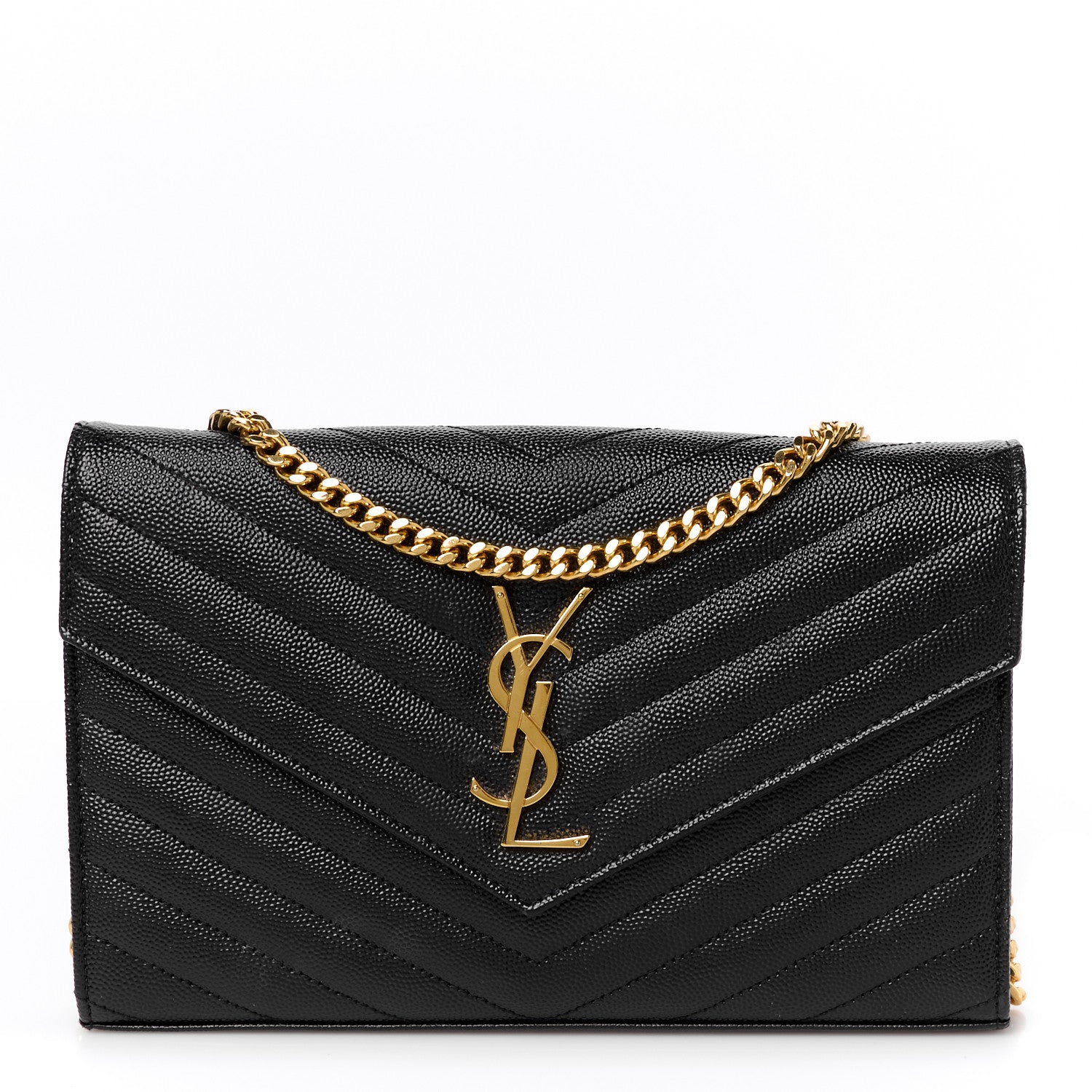 Saint Laurent Grain De Poudre Matelasse Chevron Monogram Chain Wallet Black 1 of 9