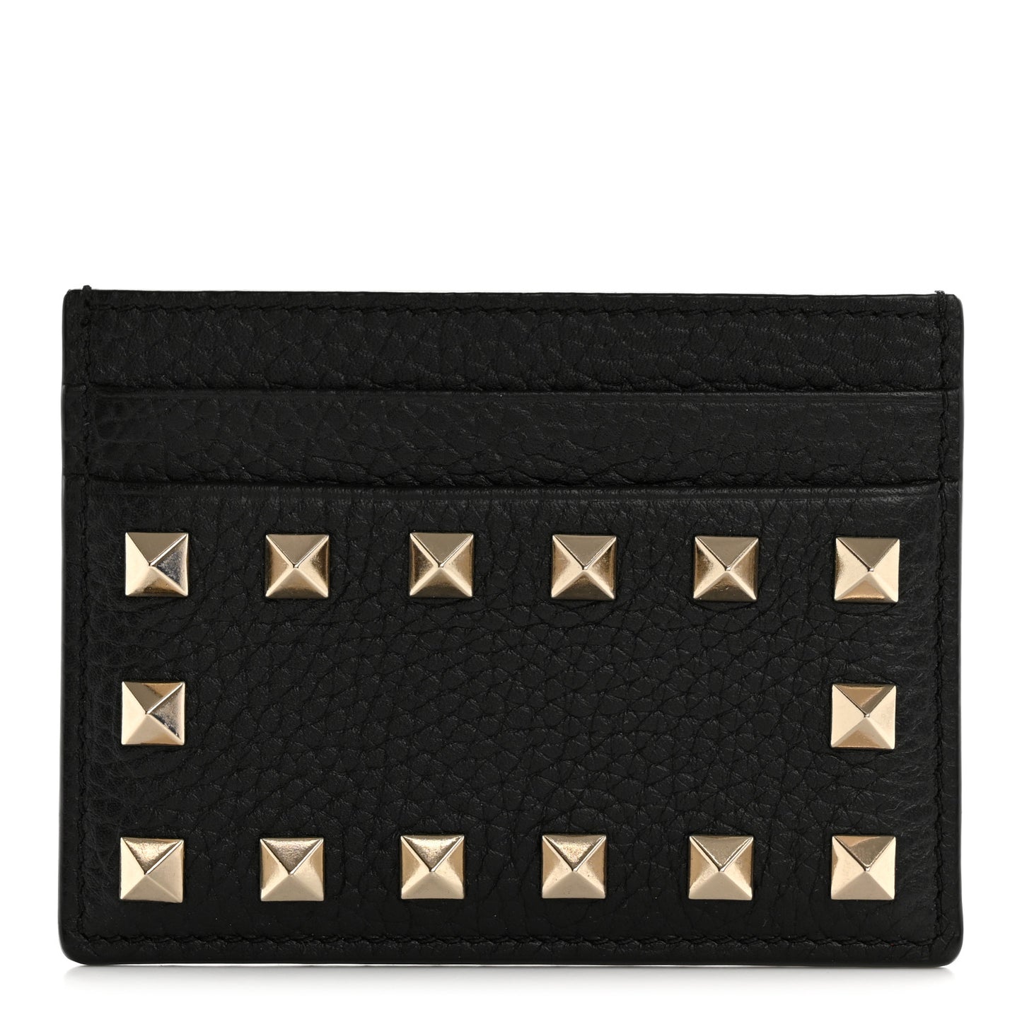 Pebbled Calfskin Rockstud Card Holder Black