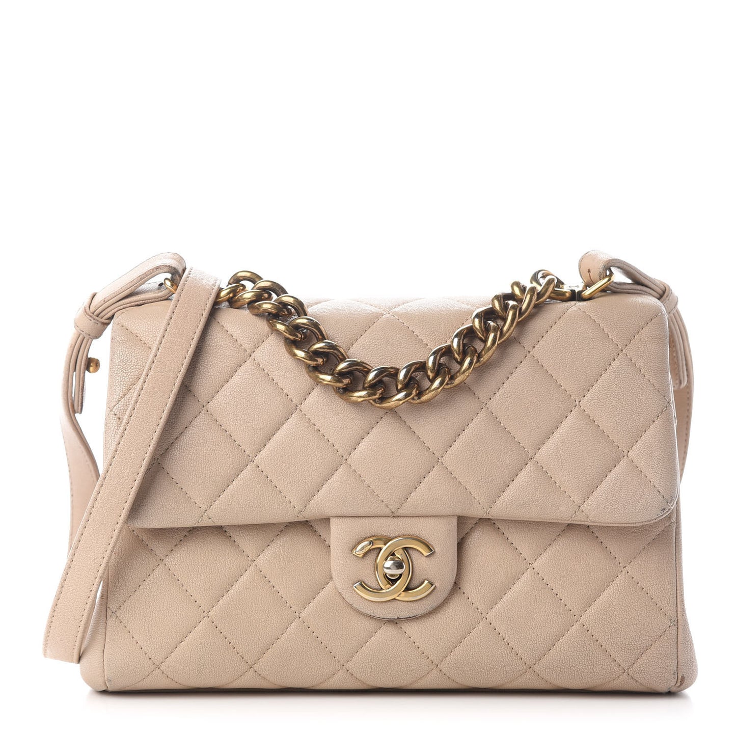 Shiny Sheepskin Quilted Small Trapezio Flap Beige