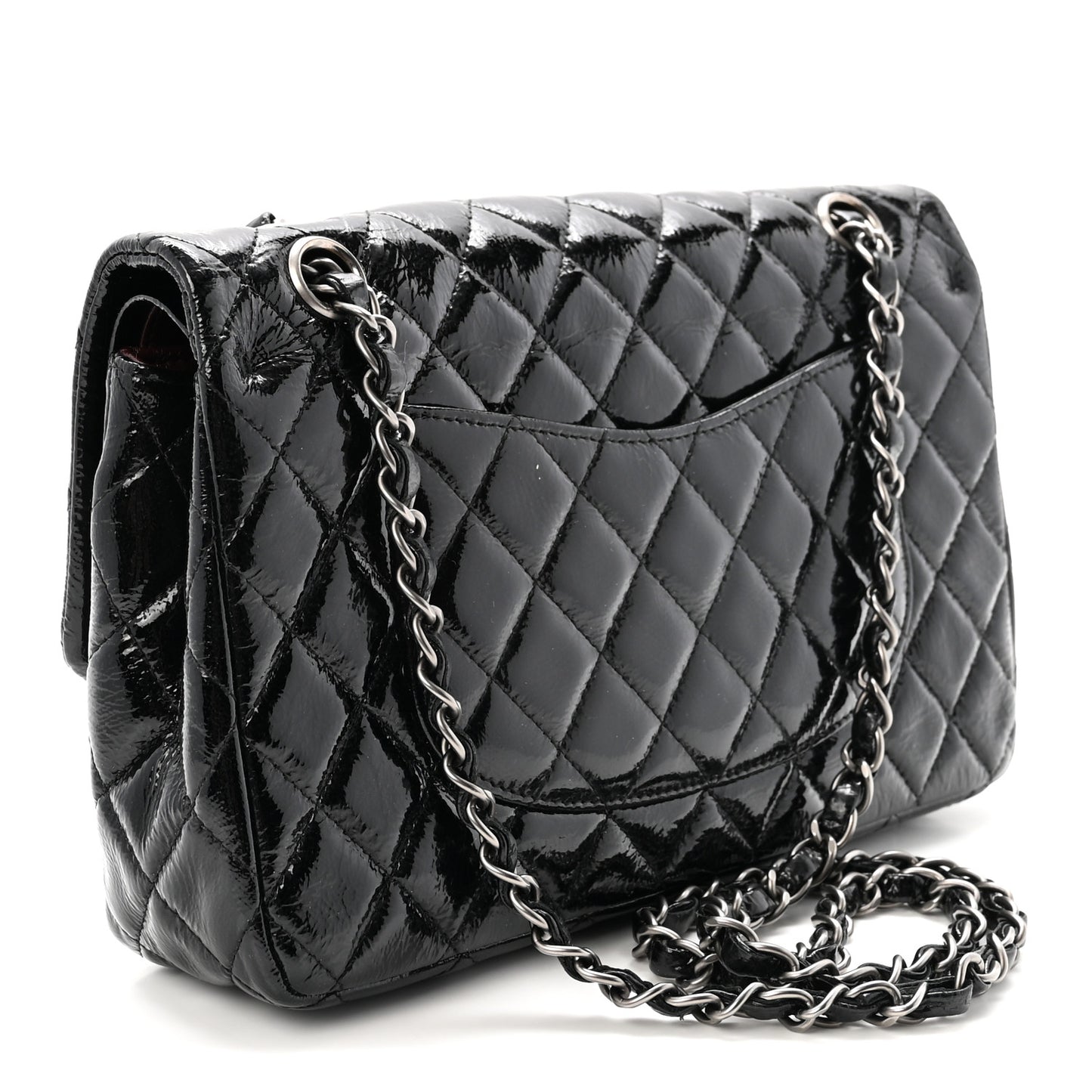 Crumpled Patent Quilted Medium Double Flap Black