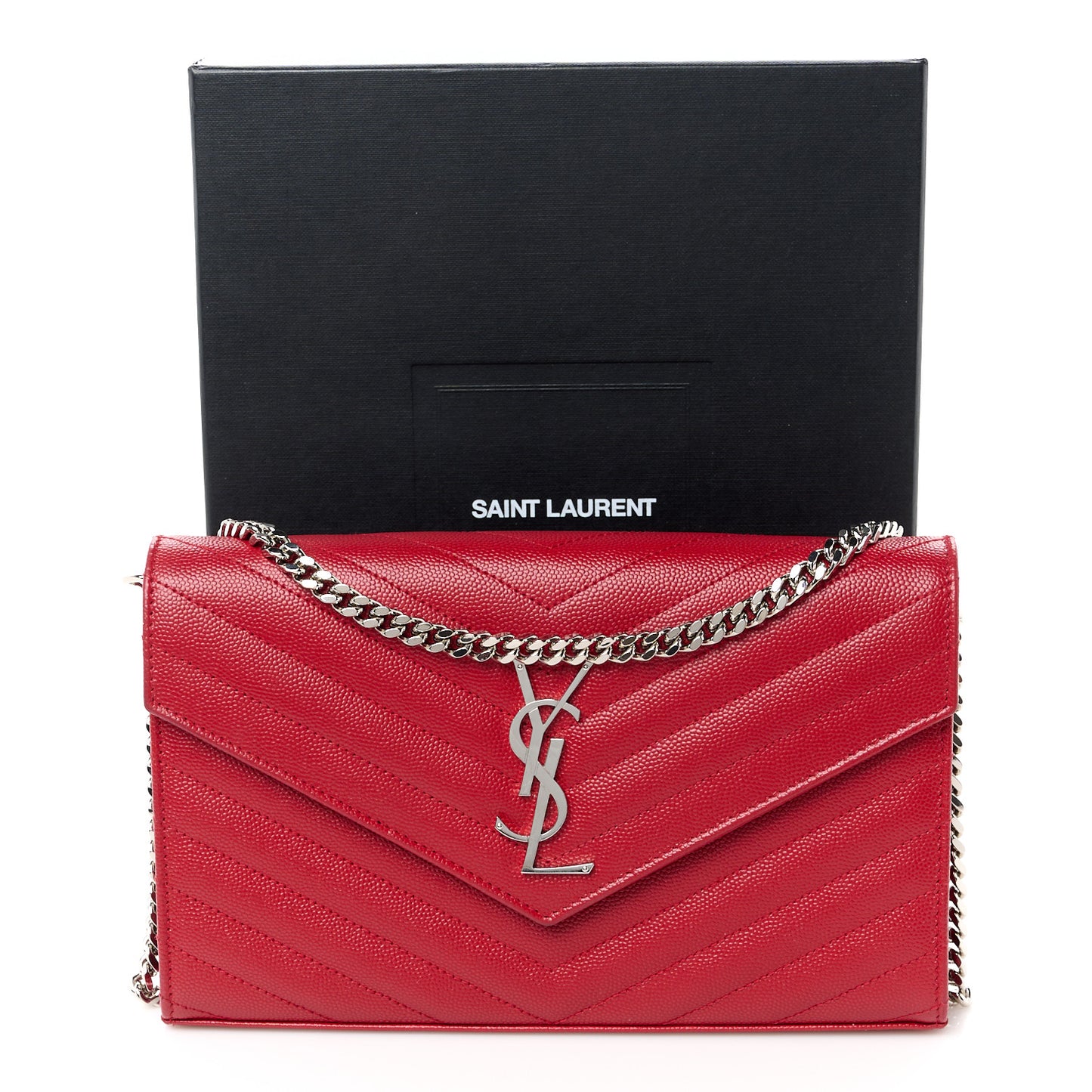 Grain De Poudre Matelasse Chevron Monogram Chain Wallet Red