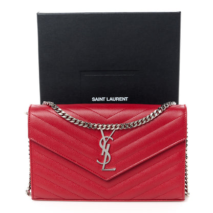 Saint Laurent Grain De Poudre Matelasse Chevron Monogram Chain Wallet Red 11 of 11