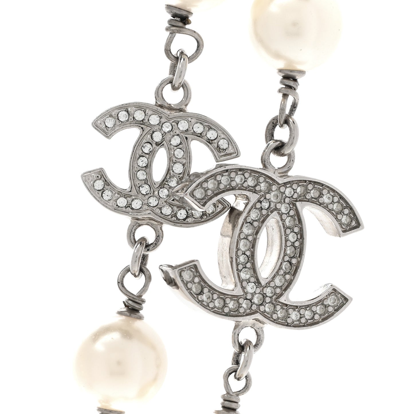 Crystal Pearl CC Long Necklace Silver