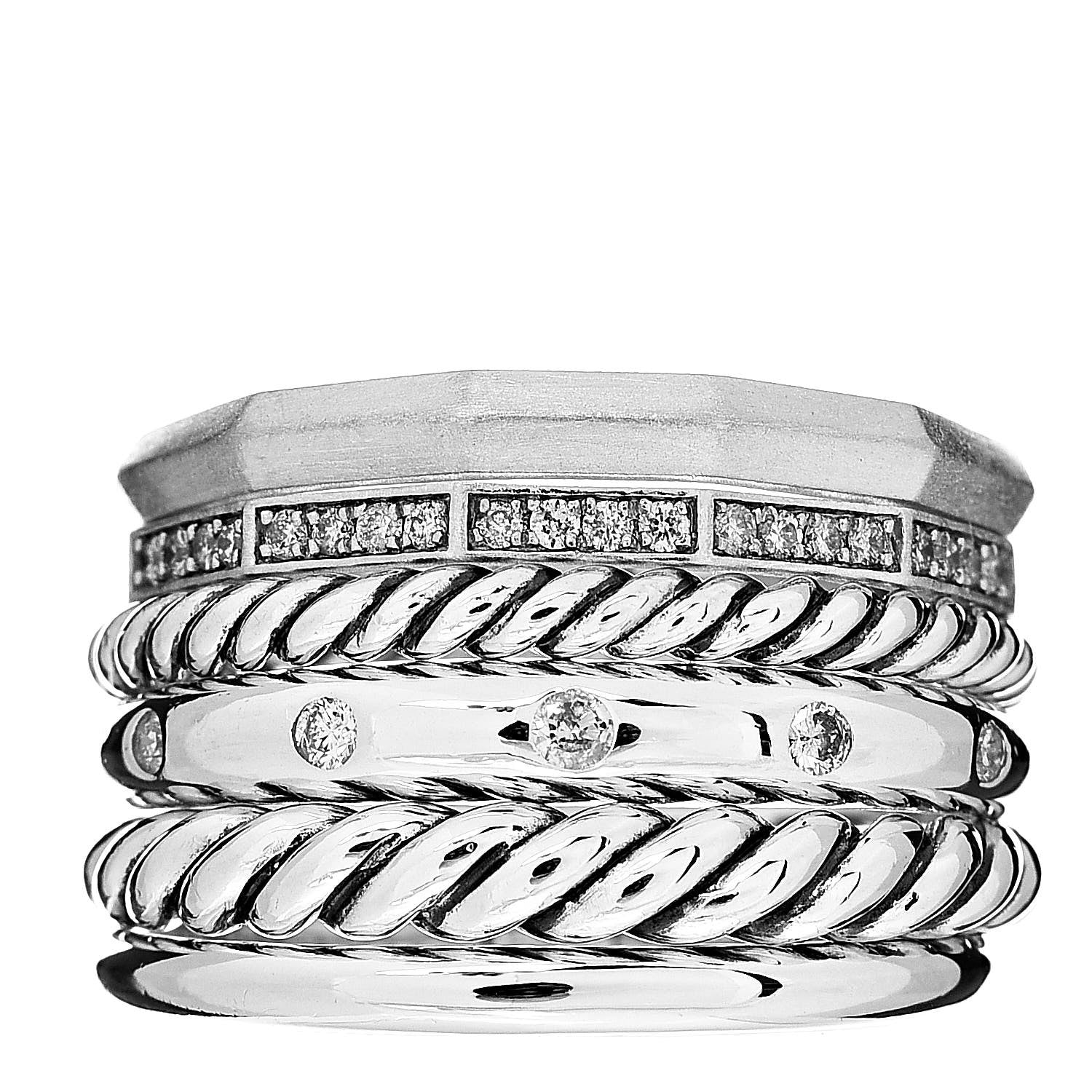 David Yurman Sterling Silver Diamond 16mm Stax Wide Stacked Ring 57 8 1 of 5