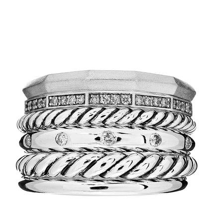 David Yurman Sterling Silver Diamond 16mm Stax Wide Stacked Ring 57 8 1 of 5