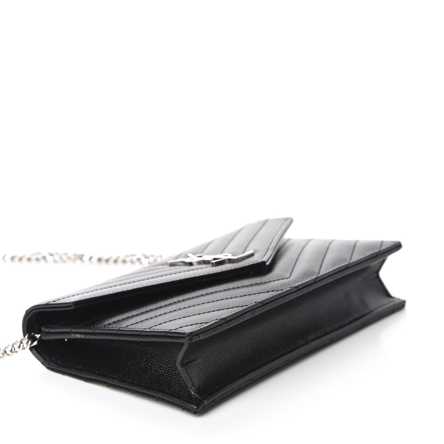 Saint Laurent Grain De Poudre Matelasse Chevron Monogram Envelope Chain Wallet Black 4 of 13