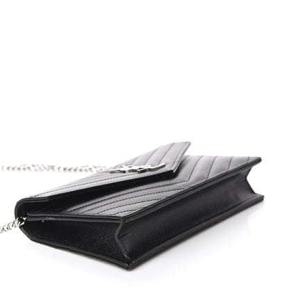 Saint Laurent Grain De Poudre Matelasse Chevron Monogram Envelope Chain Wallet Black 4 of 13