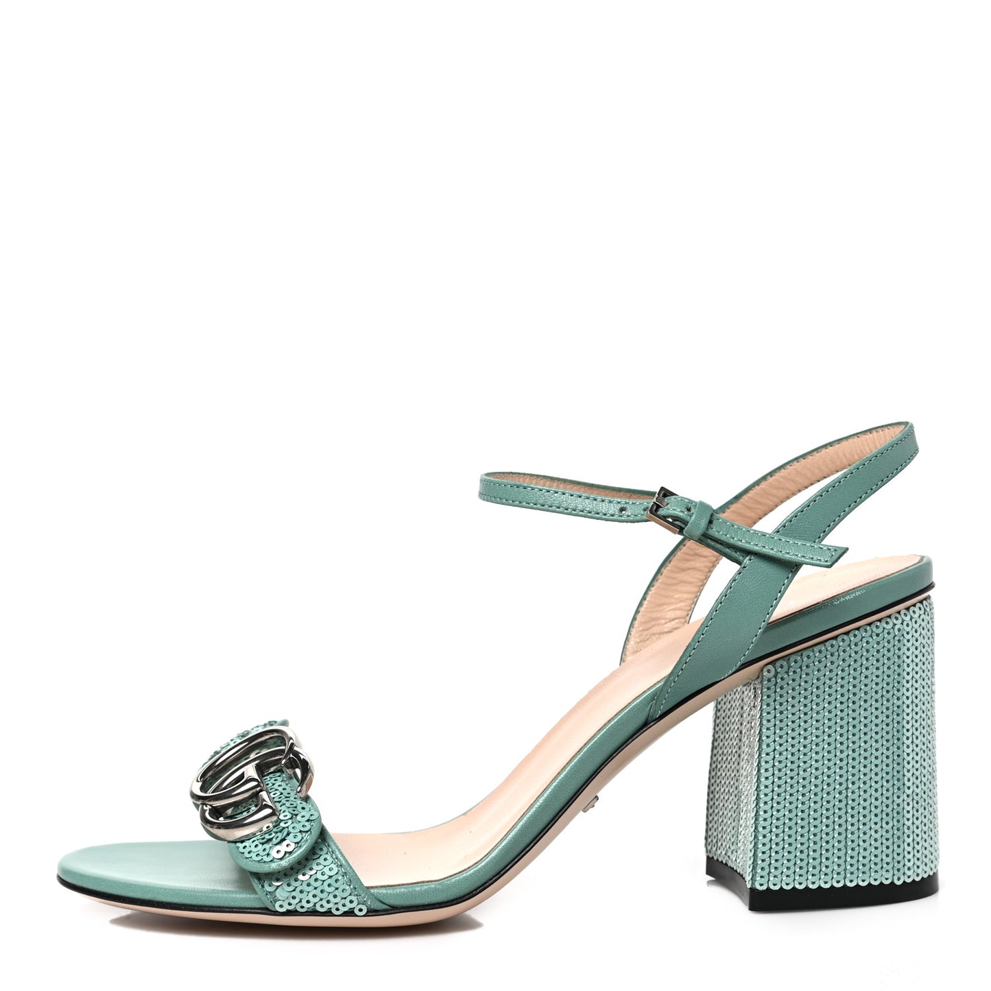 Sequin Satin Malaga Kid GG Marmont Ankle Wrap 75mm Sandals 38 Water Green Verde Chiaro Light Water Green