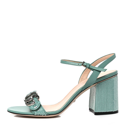 Gucci Sequin Satin Malaga Kid GG Marmont Ankle Wrap 75mm Sandals 38 Water Green Verde Chiaro Light Water Green 1 of 8