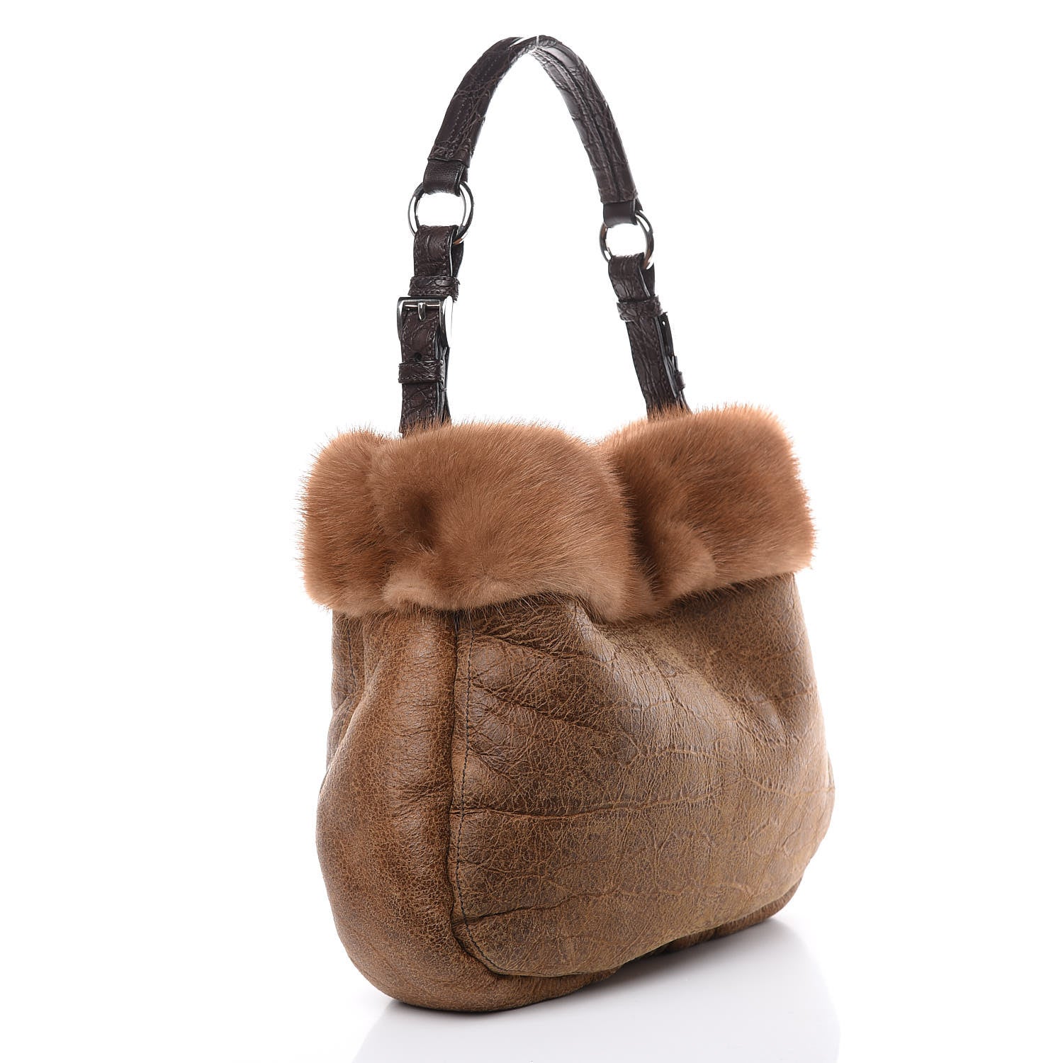 Prada Suede Shearling Mink Fur Crocodile Shoulder Bag Brown 3 of 19