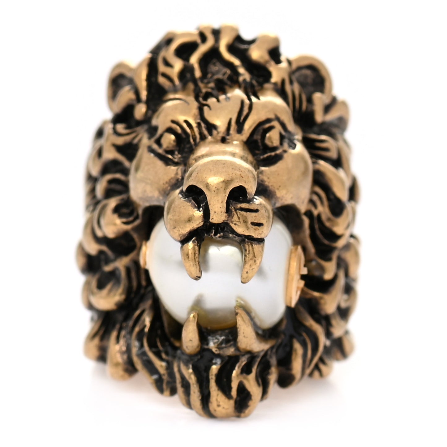 Metal Glass Pearl Lion Head Ring 6.25 Aged Gold