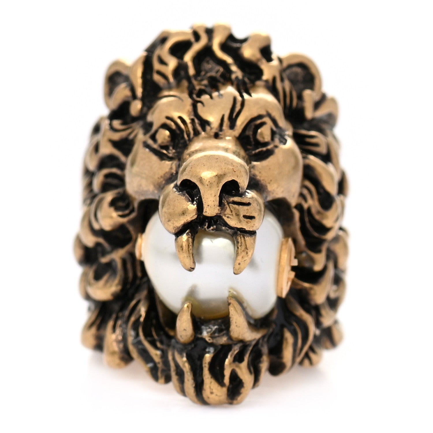Gucci Metal Glass Pearl Lion Head Ring 6.25 Aged Gold 1 of 5
