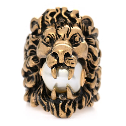 Gucci Metal Glass Pearl Lion Head Ring 6.25 Aged Gold 1 of 5