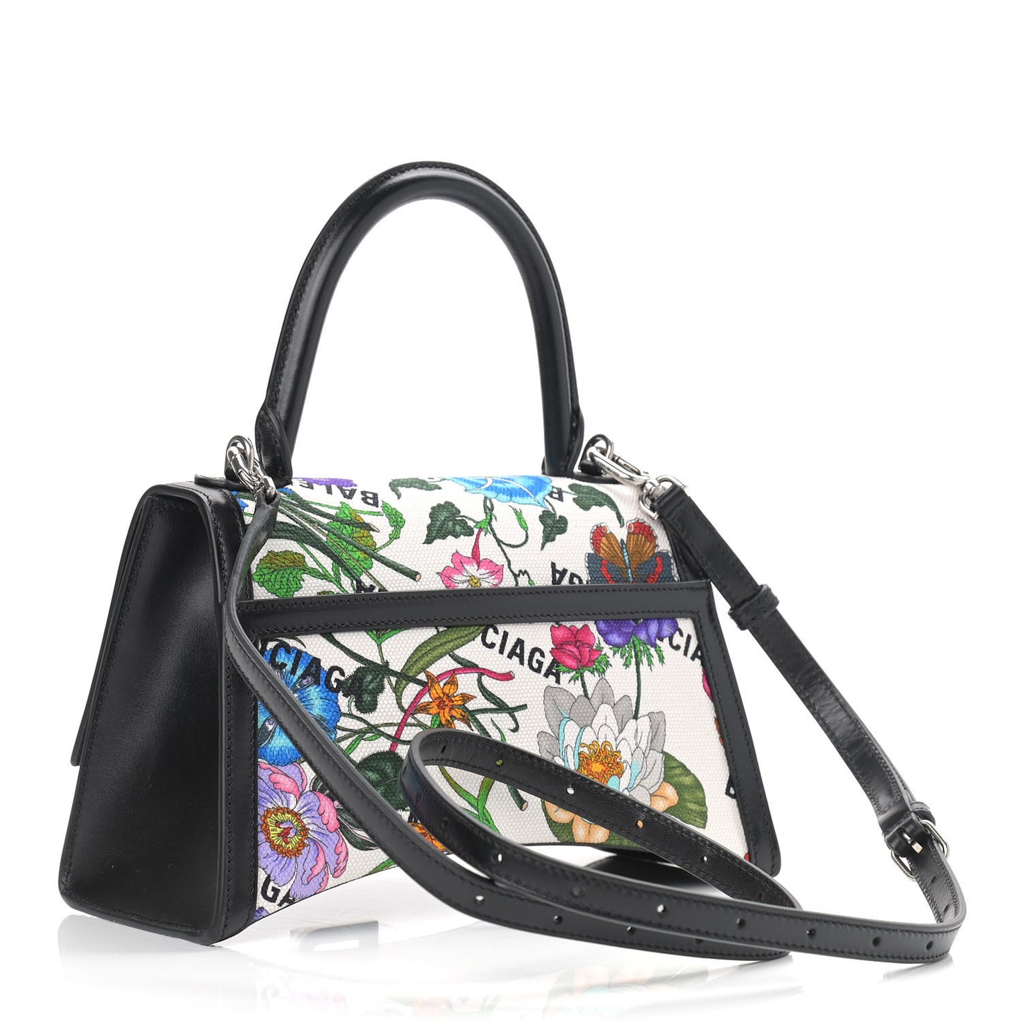 X GUCCI Canvas Boarded Plutone Calfskin Flora Logo Print Small Hourglass Top Handle Bag White Multicolor Black
