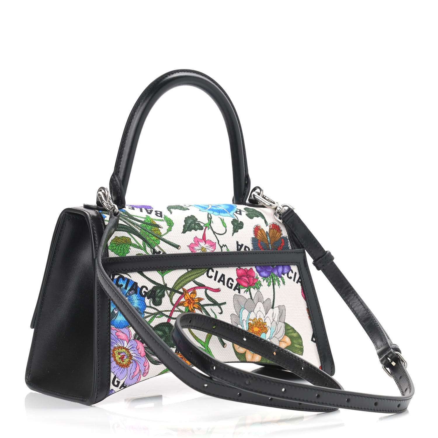 Balenciaga X GUCCI Canvas Boarded Plutone Calfskin Flora Logo Print Small Hourglass Top Handle Bag White Multicolor Black 3 of 9