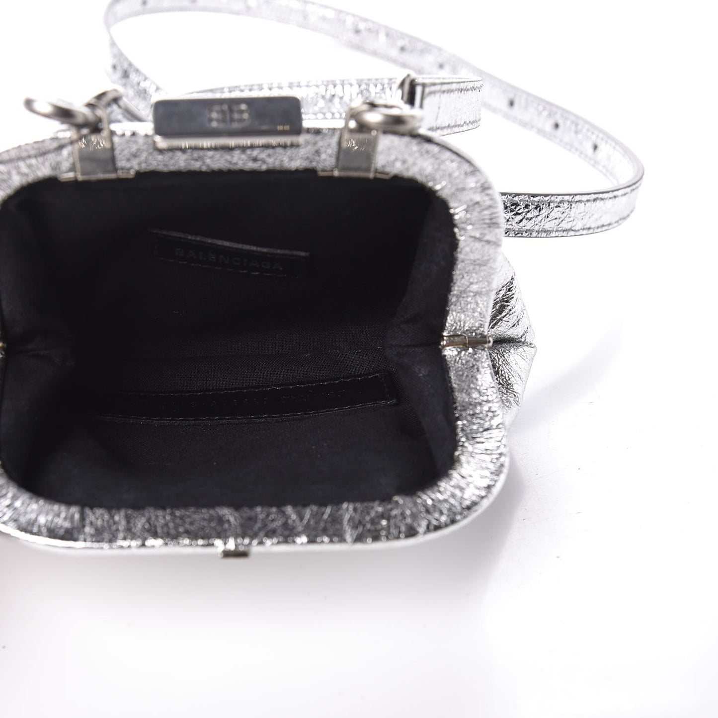 Metallic Textured Calfskin Logo Cloud Coin Purse With Strap Silver