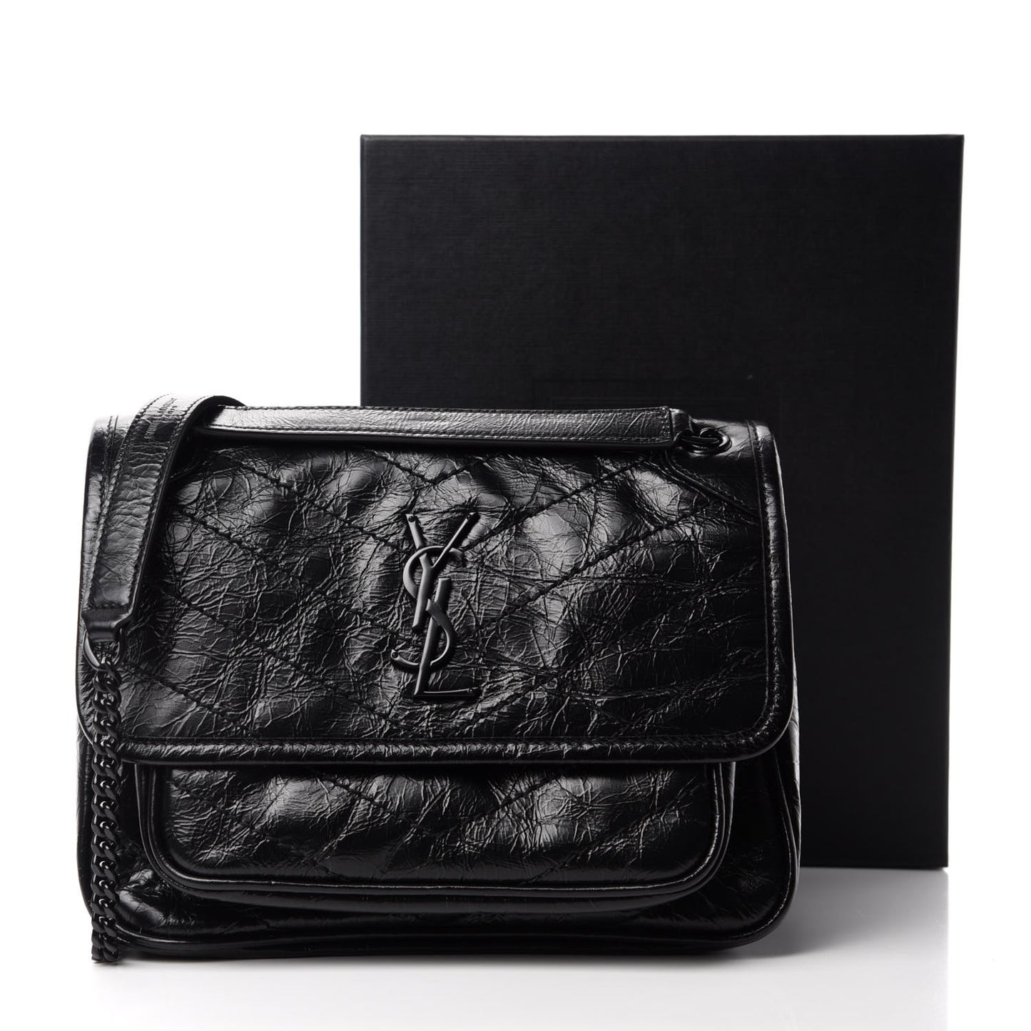 Crinkled Calfskin Matelasse Monogram Baby Niki Chain Satchel Black