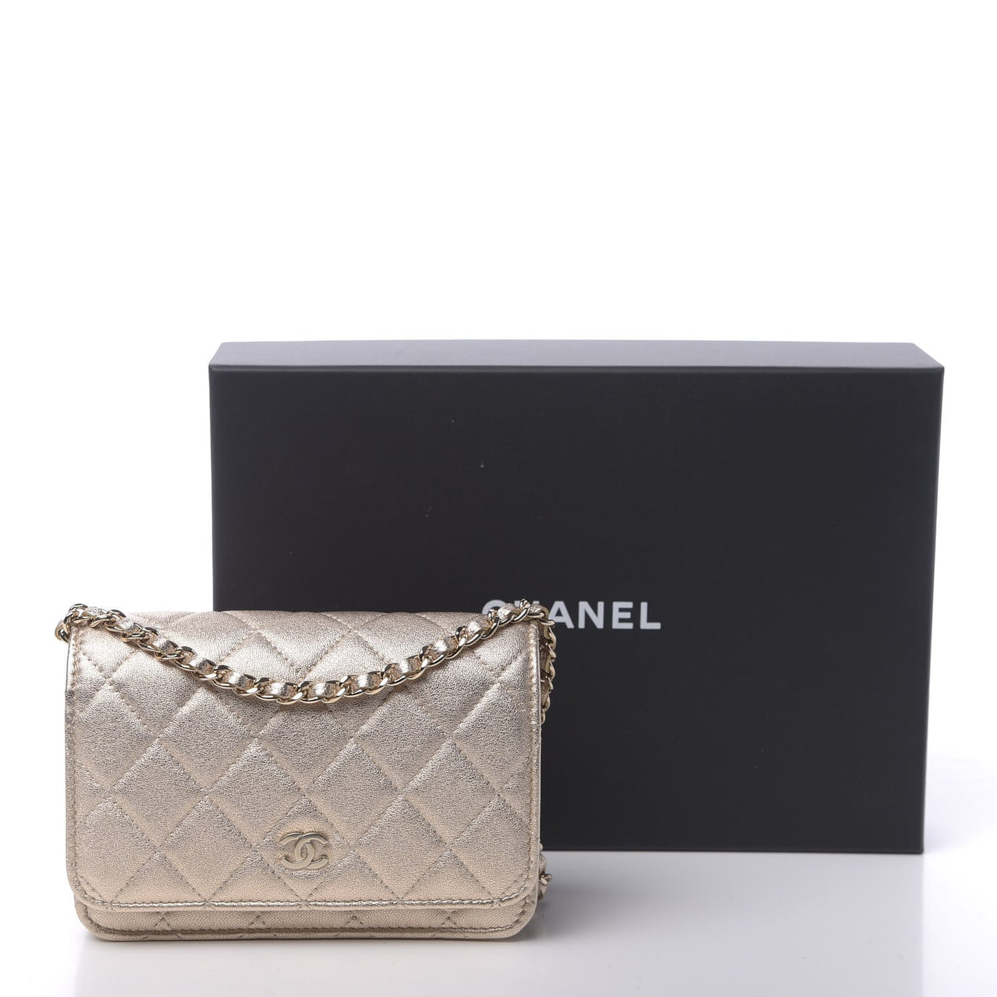 Metallic Lambskin Quilted Mini Wallet On Chain WOC Gold