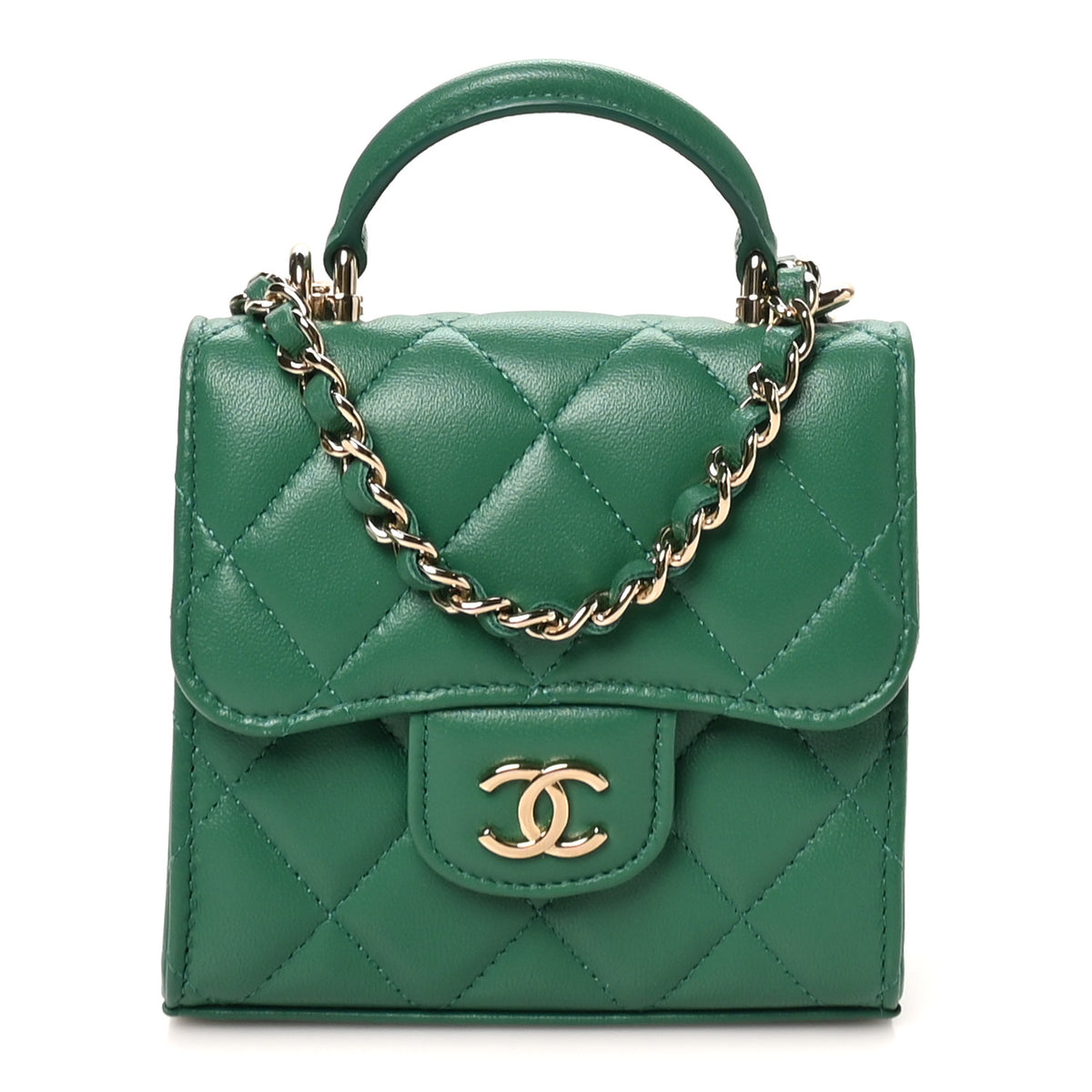 Chanel Lambskin Quilted Top Handle Flap Clutch With Chain Green 1 of 10