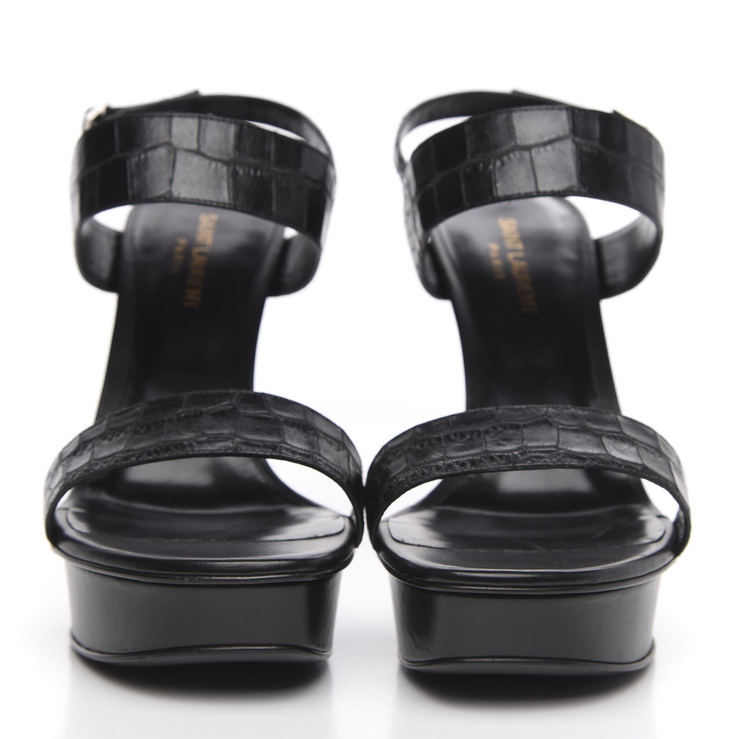 Saint Laurent Calfskin Crocodile Embossed 80 Platform Ankle Strap Sandals 40 Black 2 of 8