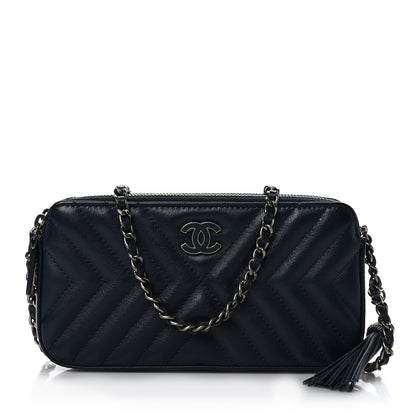 Chanel Calfskin Chevron Quilted Tassel Clutch With Chain Navy 1 of 10