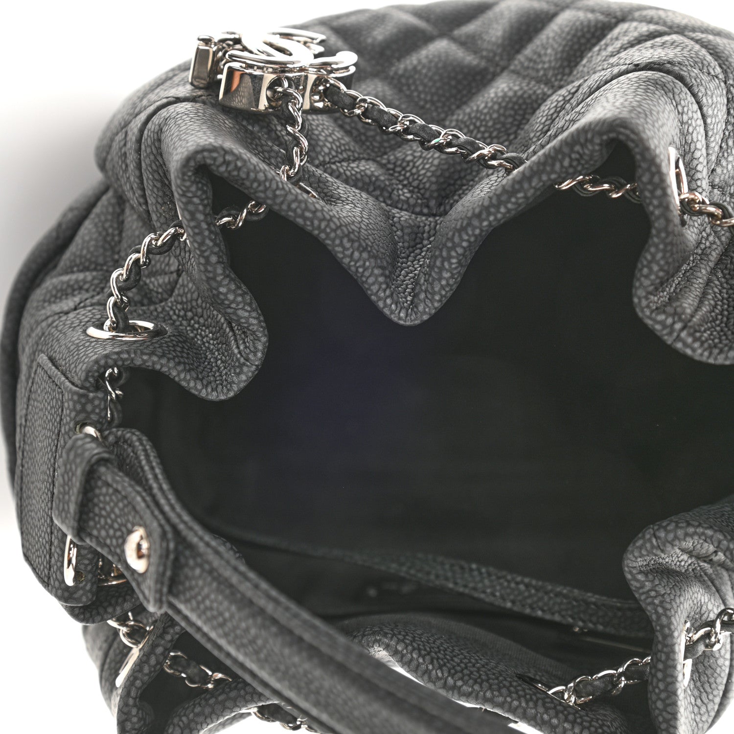 Chanel Caviar Flat Quilted CC Chain Bucket Drawstring Bag Black 5 of 9
