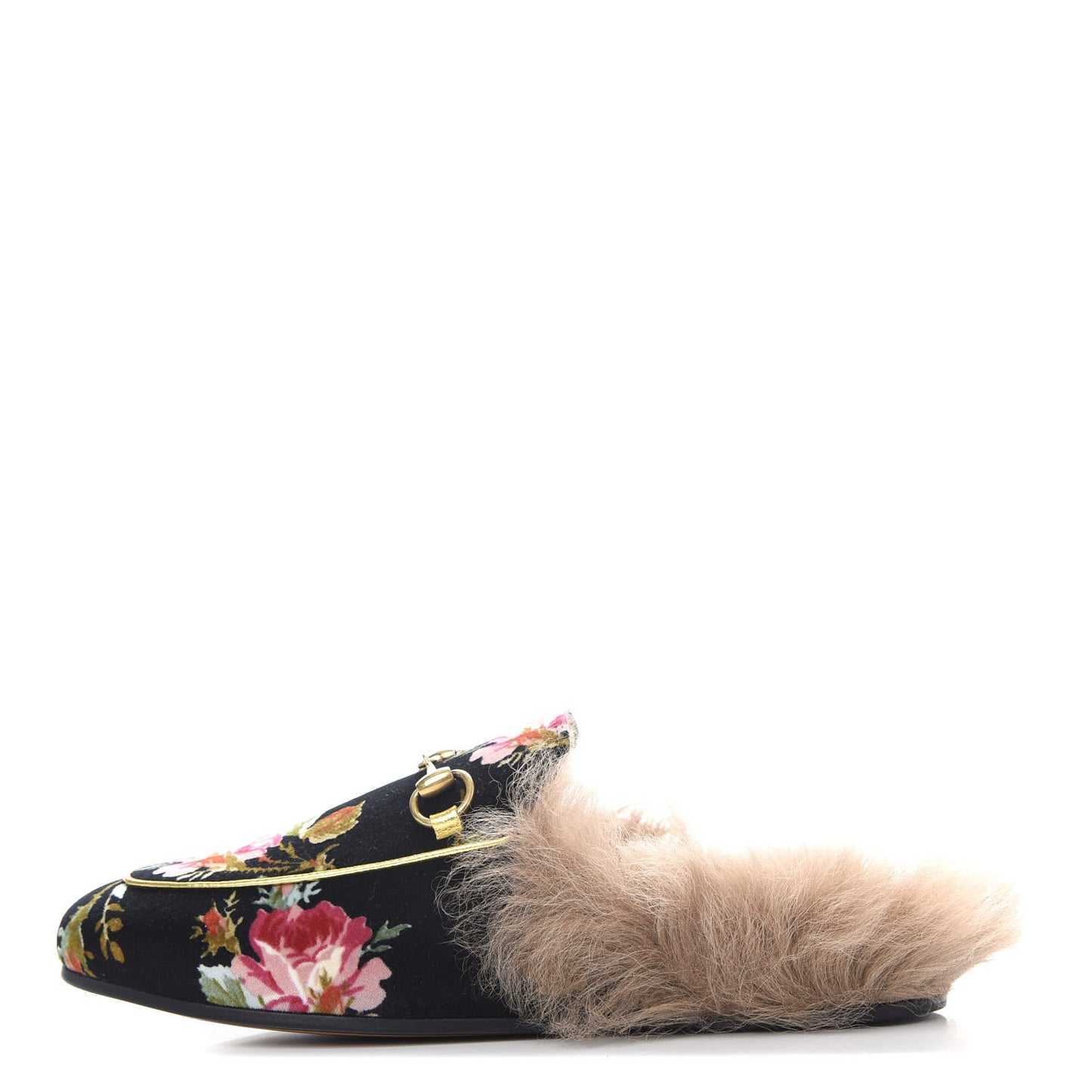 Velvet Fur Floral Womens Princetown Slippers 36.5 Black